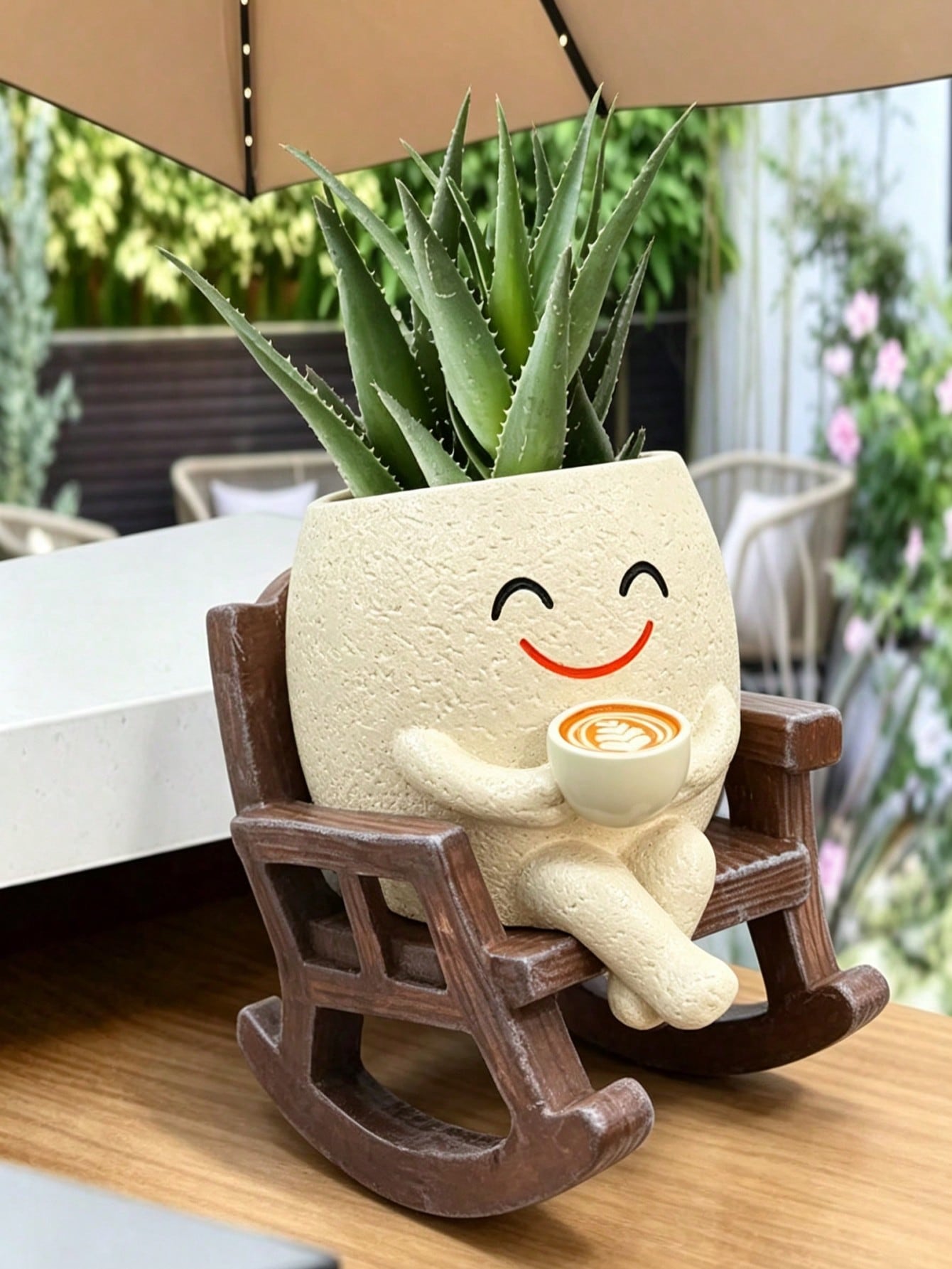 Cute Smile Face Planter Pot with Rocking Chair, Coffee Cup Shaped Succulent Flower Pot, 11cm Desktop Decor Plant Holder for Indoor & Outdoor