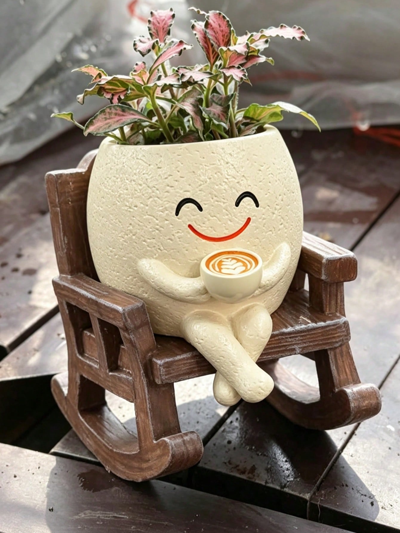 Cute Smile Face Planter Pot with Rocking Chair, Coffee Cup Shaped Succulent Flower Pot, 11cm Desktop Decor Plant Holder for Indoor & Outdoor