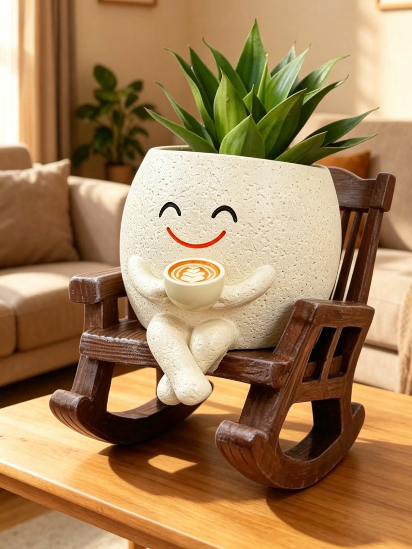 Cute Smile Face Planter Pot with Rocking Chair, Coffee Cup Shaped Succulent Flower Pot, 11cm Desktop Decor Plant Holder for Indoor & Outdoor