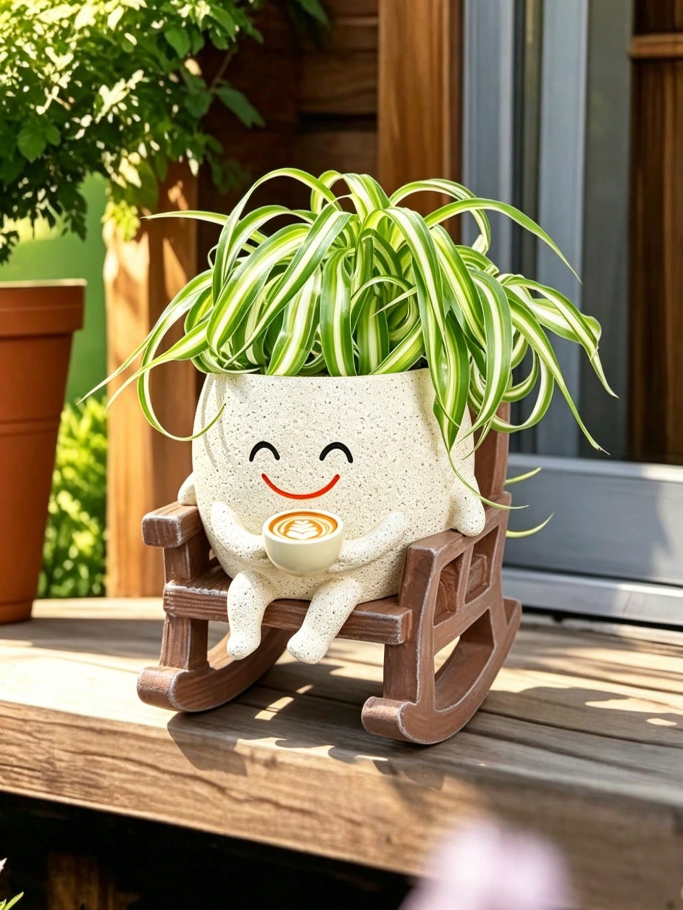 Cute Smile Face Planter Pot with Rocking Chair, Coffee Cup Shaped Succulent Flower Pot, 11cm Desktop Decor Plant Holder for Indoor & Outdoor