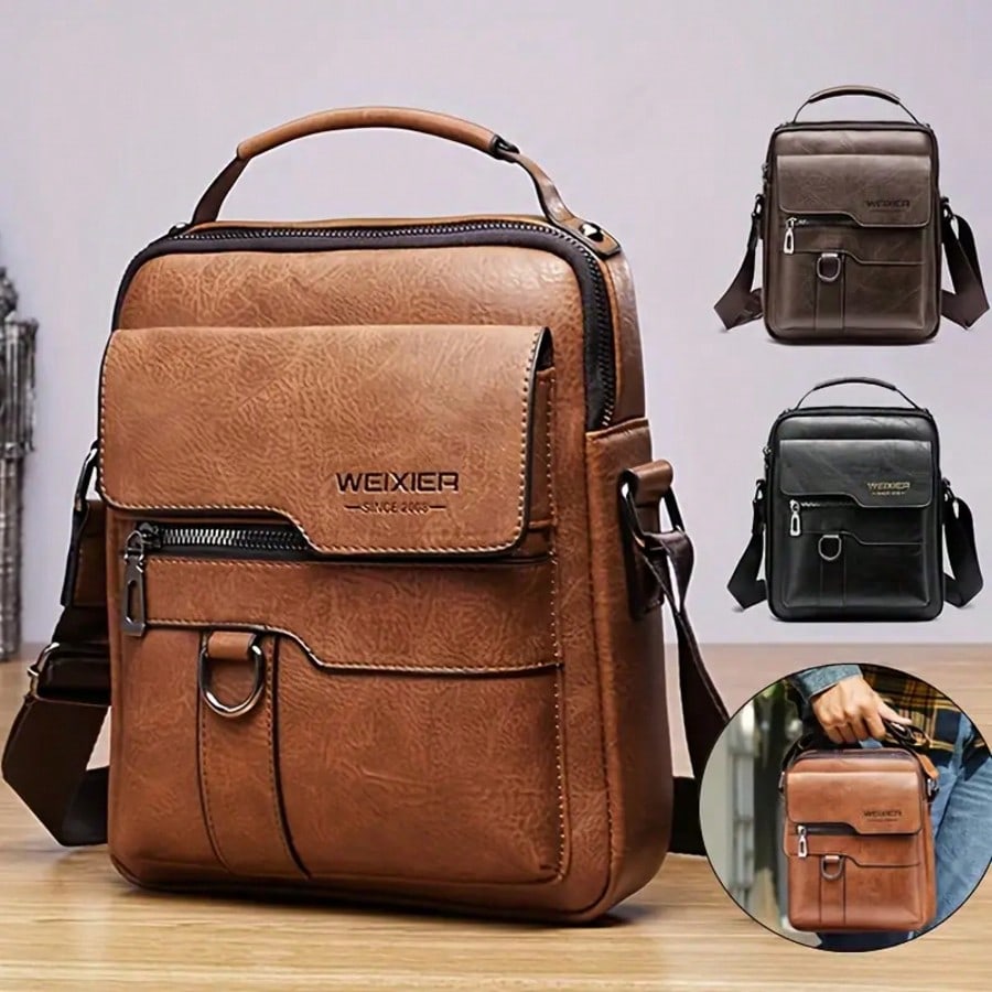 Men PU Leather Flap Crossbody Bag, 9.7 Inch Solid Messenger Bag, Business Travel Shoulder Bag for Men
