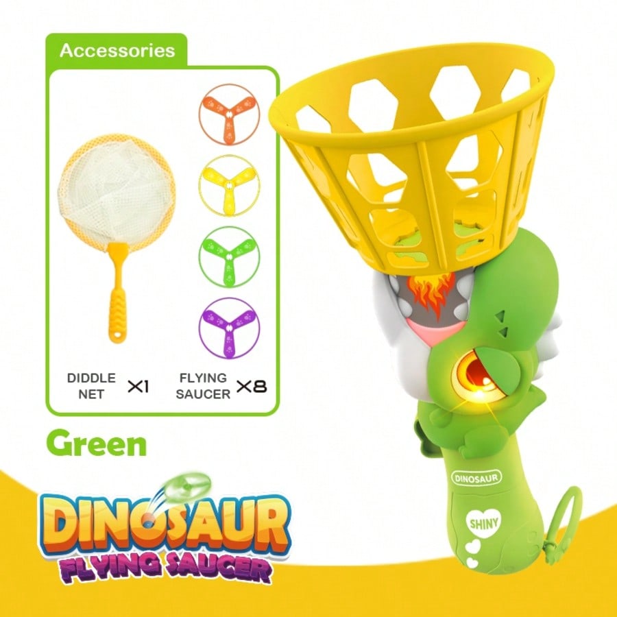 Dino Glow Flying Disc Launcher for Dogs, LED Light-Up Dinosaur Toy with 8pcs Glowing Saucers & Mesh Net, Interactive Fetch Game for Active Canines