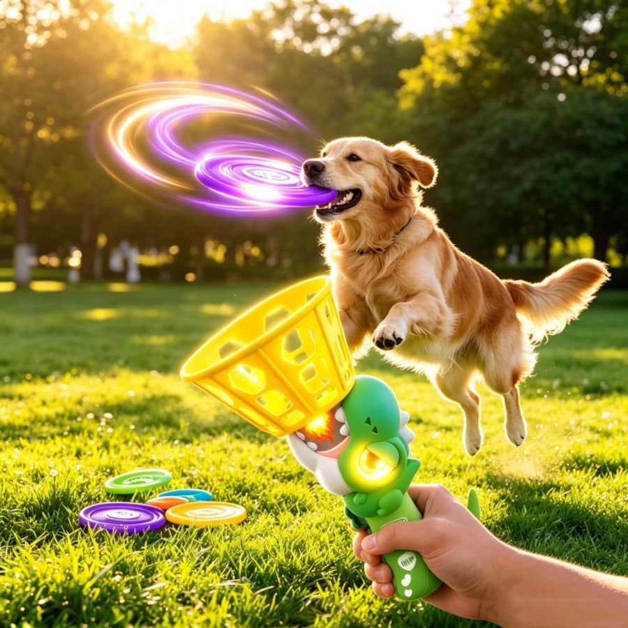 Dino Glow Flying Disc Launcher for Dogs, LED Light-Up Dinosaur Toy with 8pcs Glowing Saucers & Mesh Net, Interactive Fetch Game for Active Canines