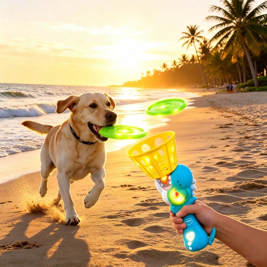 Dino Glow Flying Disc Launcher for Dogs, LED Light-Up Dinosaur Toy with 8pcs Glowing Saucers & Mesh Net, Interactive Fetch Game for Active Canines