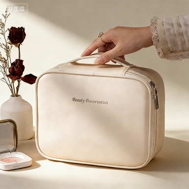 Portable Makeup Case with Detachable Brush Holder, PU Leather Travel Cosmetic Organizer with Mesh Pocket & Dividers, Top Handle Beauty Storage Bag