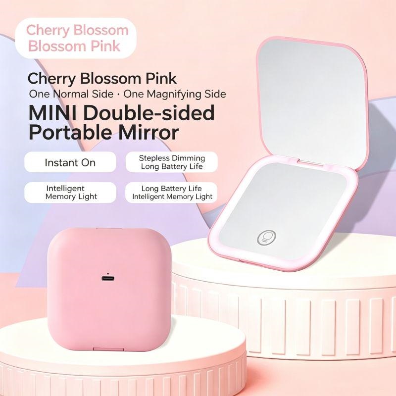 LED Pocket Mirror with Light, Square Double Sided Compact Mirror, 1X True View & 1X Magnifying Mirror, USB-C Rechargeable 250mAh, Stepless Dimming, Pink