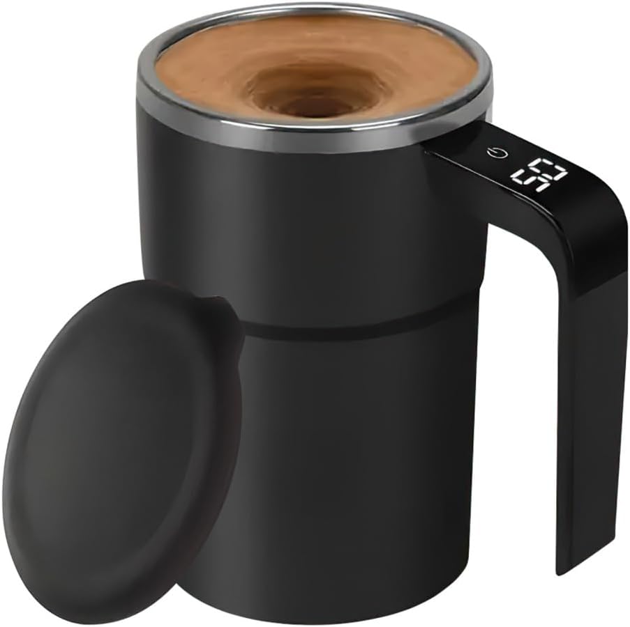Electric Self Stirring Mug for Office & Coffee Lovers, 380ml Automatic Mixing Cup with Type-C Charging & LCD Display, Portable Hands-Free Travel Coffee Mug, White & Black