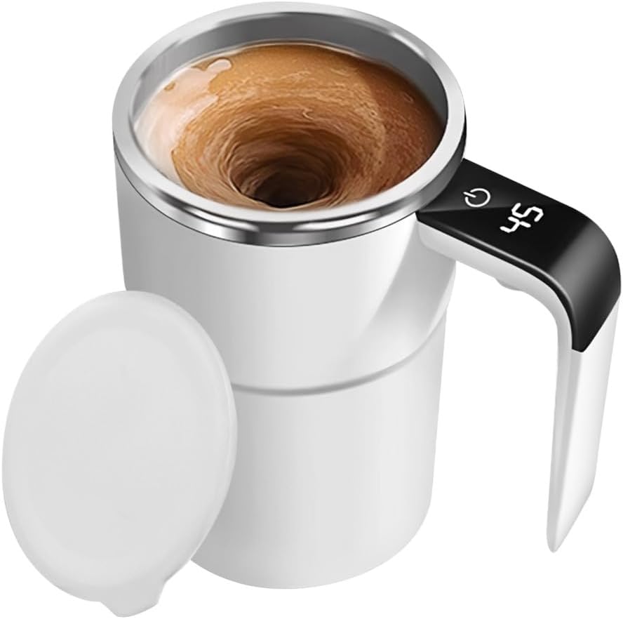 Electric Self Stirring Mug for Office & Coffee Lovers, 380ml Automatic Mixing Cup with Type-C Charging & LCD Display, Portable Hands-Free Travel Coffee Mug, White & Black
