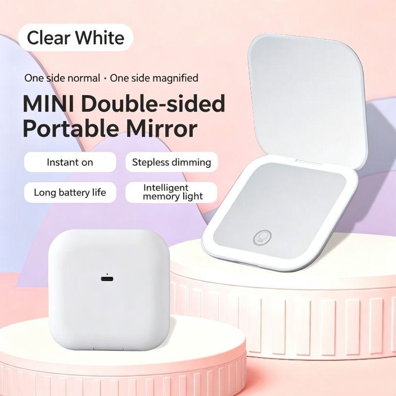LED Pocket Mirror with Light, Square Double Sided Compact Mirror, 1X True View & 1X Magnifying Mirror, USB-C Rechargeable 250mAh, Stepless Dimming, Pink
