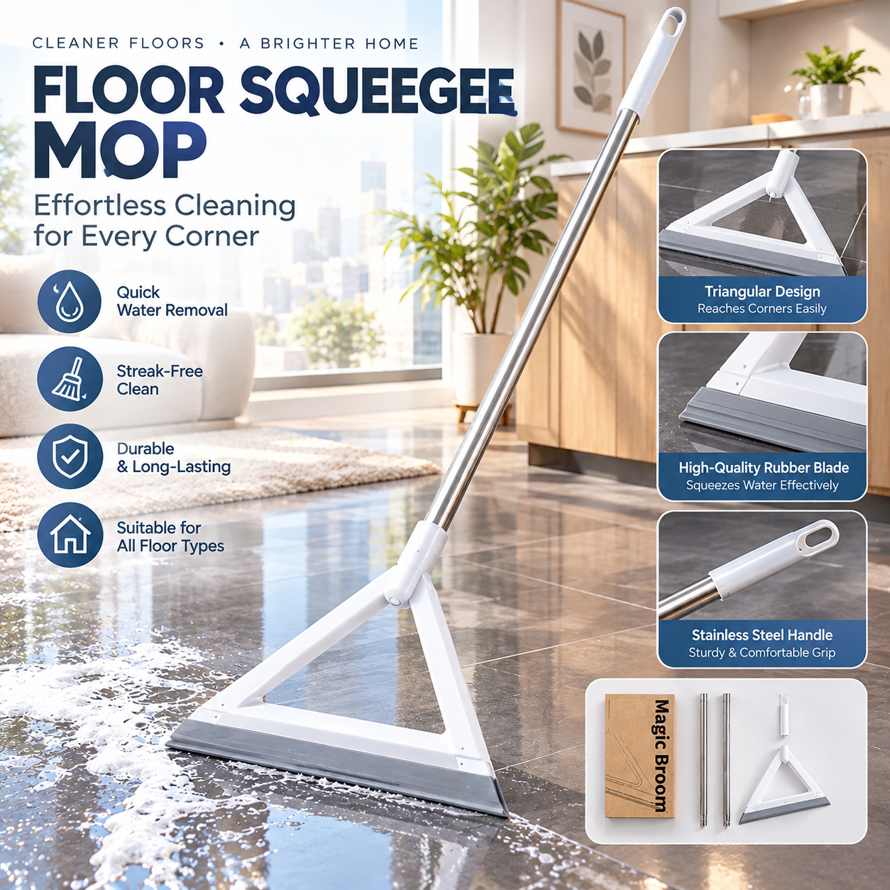 Magic Broom, Silicone Sweeper with Adjustable Stainless Steel Handle, Triangle Floor Squeegee for Hair Dust Liquid Dirt, Detachable Cleaning Broom for Kitchen Bathroom Living Room