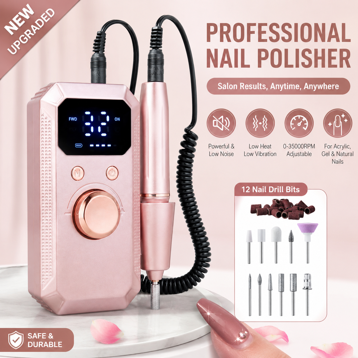 Electric Nail Drill for Nail Techs and DIY Manicure Lovers, 35000 RPM Professional E File with Reversible Rotation, 32 Speed LCD Display Nail Grinder for Acrylic Gel Polish Rose Gold