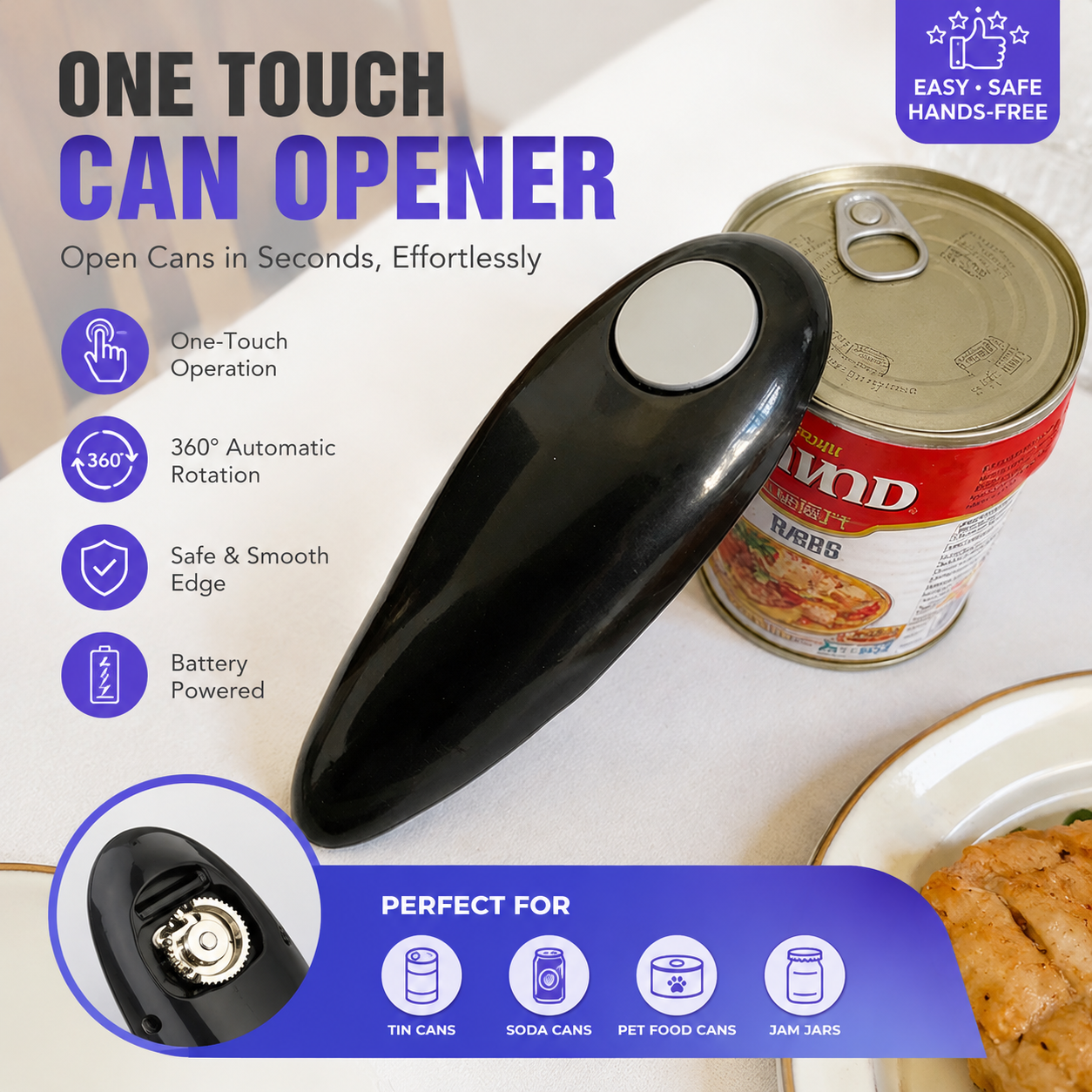 Electric Can Opener Automatic One Touch, Smooth Edge Handheld Can Opener, Cordless Portable Kitchen Gadget for Arthritis Sufferers, Black/Red/White