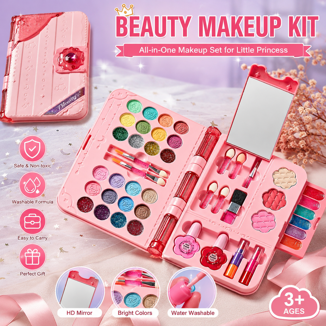 Kids Pretend Play Makeup Set with Mirror, 24 Color Tablets, Play Bottles & Role-Play Accessories, Foldable Carry Case, Pink