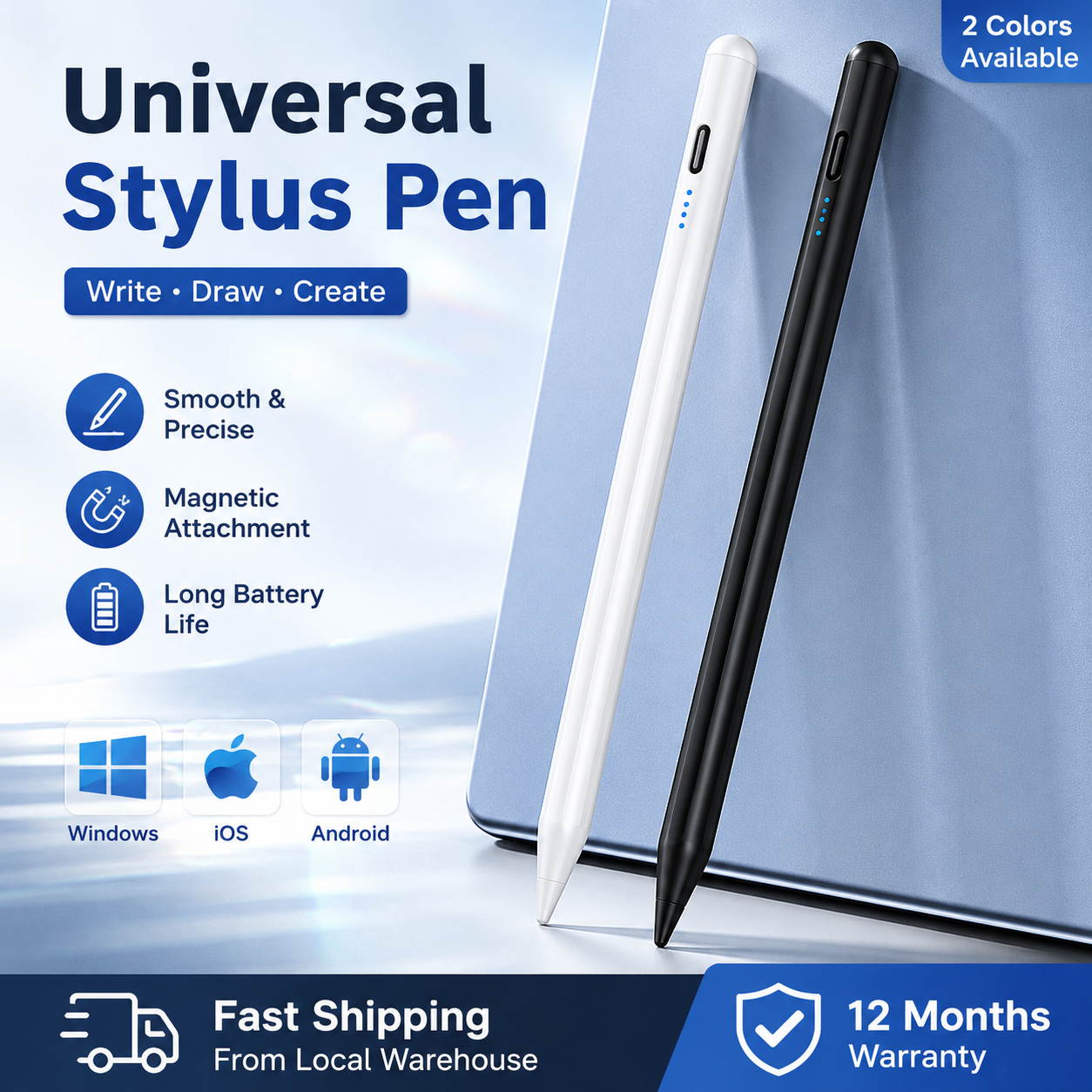 Stylus Pen for iPad 2018-2026 with Magnetic Attachment, USB-C Rechargeable Digital Pencil, 120mAh Battery, 8H Working Time, 3 Replacement Tips, White