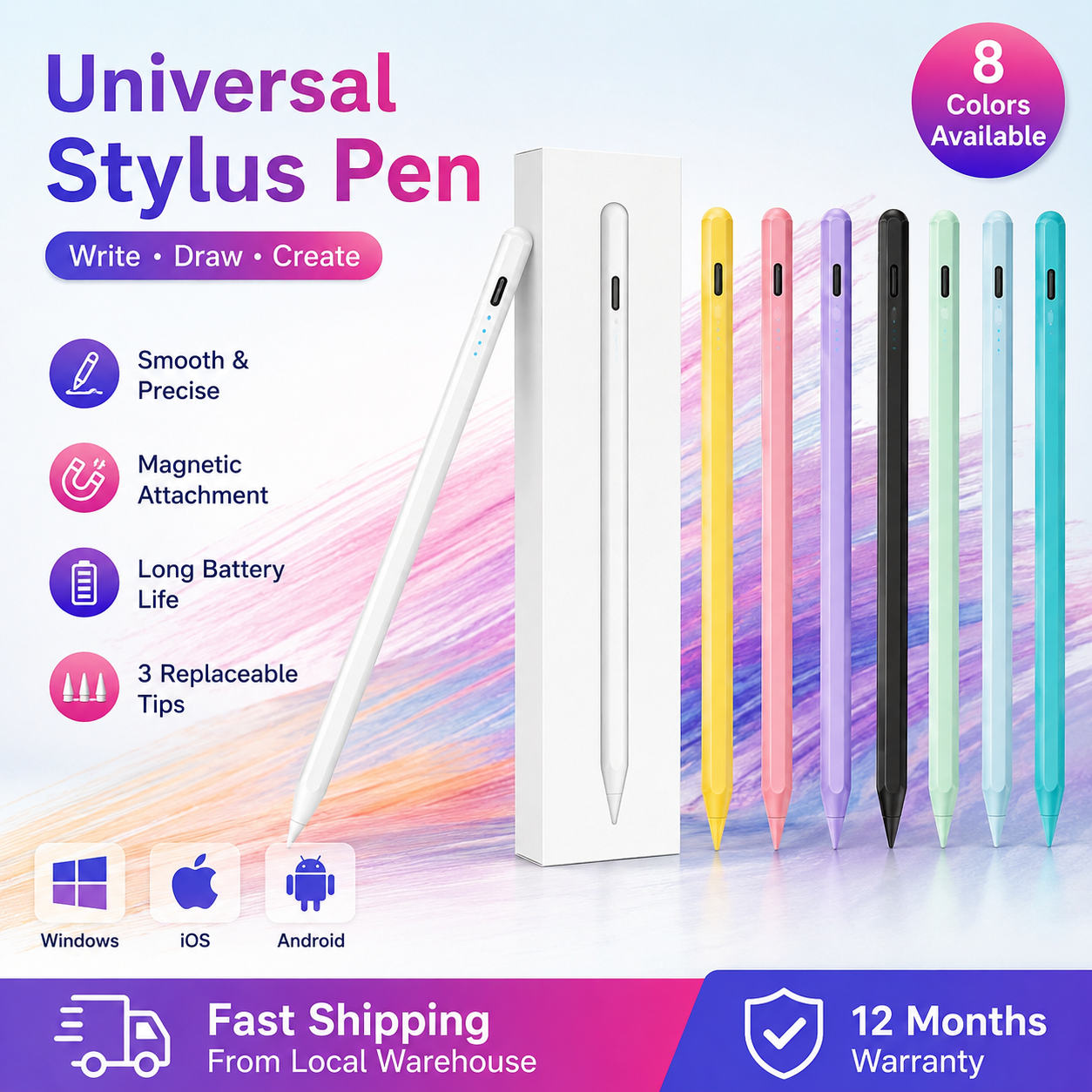 Stylus Pen for iPad 2018-2026 with Magnetic Attachment, USB-C Rechargeable Digital Pencil, 120mAh Battery, 8H Working Time, 3 Replacement Tips, White
