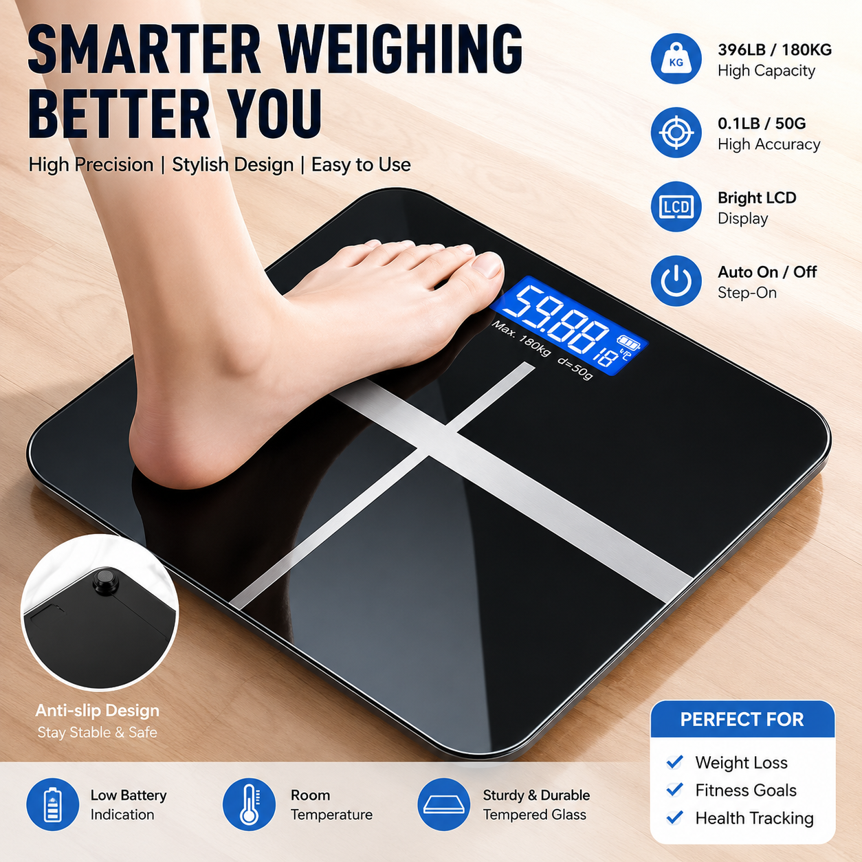 Digital Bathroom Scale with LED Display, 180kg Max Capacity, 50g Graduation, kg/lb Switchable Units, Built-In Temperature Sensor, Tempered Glass Body Weight Scale, Black