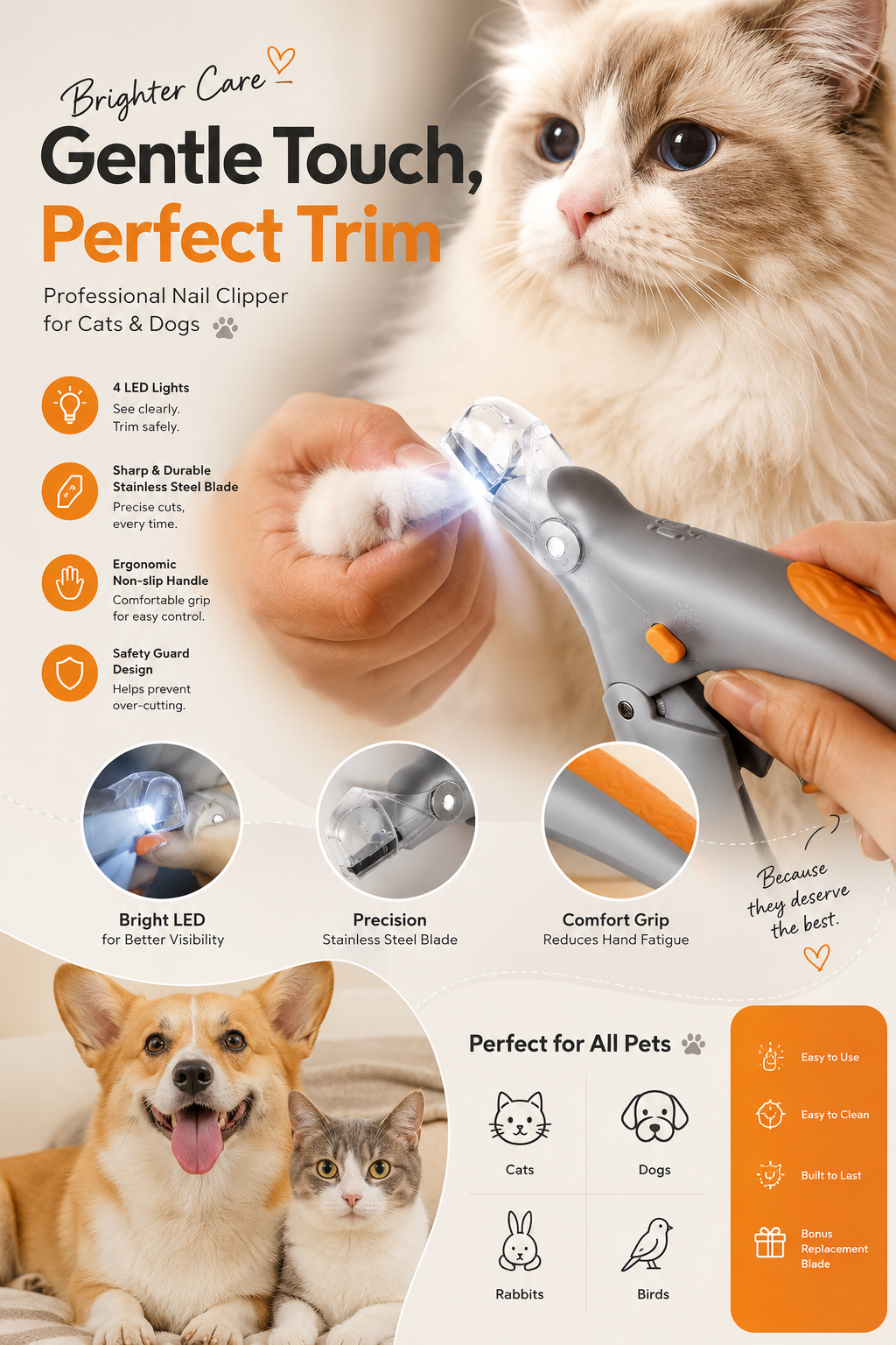 Pet Nail Clippers with LED Light & Magnifier, Dog Cat Nail Trimmer with Nail Catcher, 12mm Replaceable Blade Professional Pet Grooming Tool Gray Orange