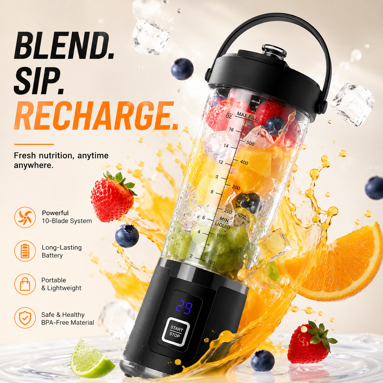 Portable USB Rechargeable Juicer Cup Max, 600ml Large Capacity 6-Blade Mini Fruit Blender, Electric Fresh Juice Mixer, Personal Blender for Home, Office, Travel, Outdoor & On-the-Go Drinks