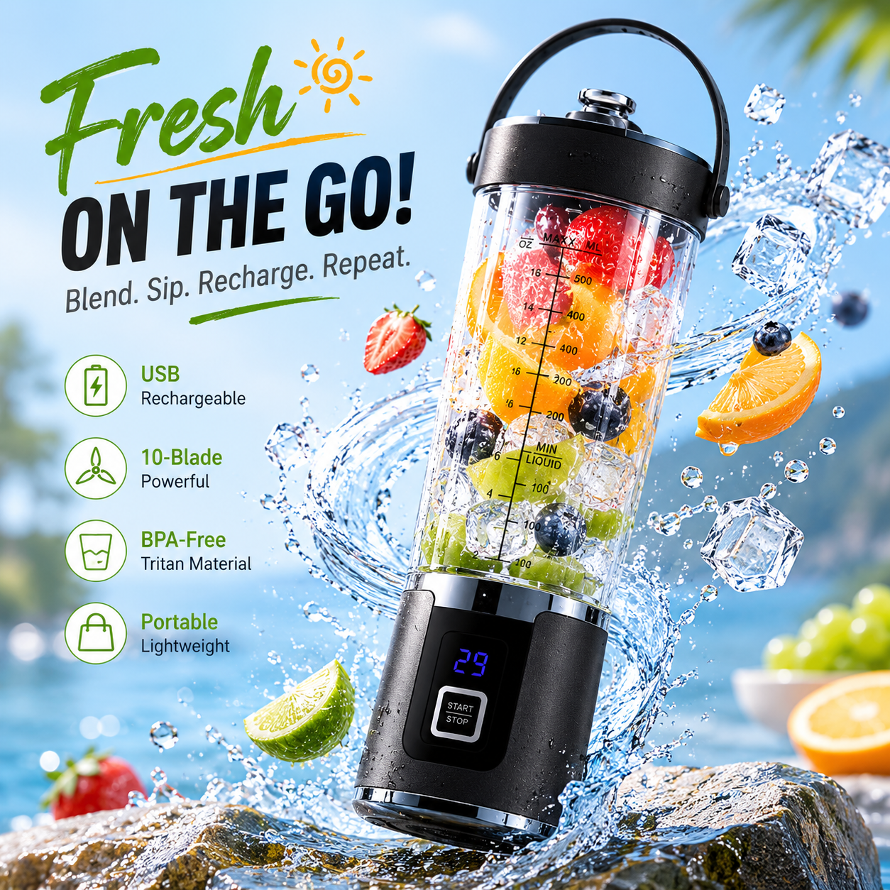 Portable USB Rechargeable Juicer Cup Max, 600ml Large Capacity 6-Blade Mini Fruit Blender, Electric Fresh Juice Mixer, Personal Blender for Home, Office, Travel, Outdoor & On-the-Go Drinks