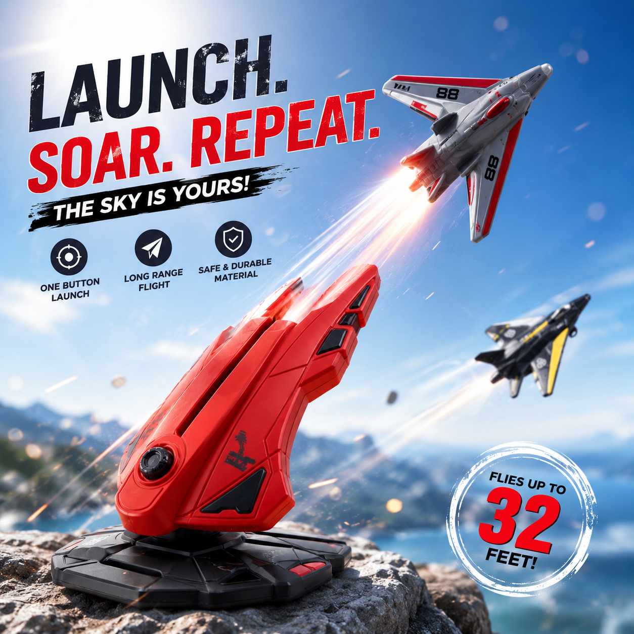 Launchable Flying Toy Set with 6 Planes, Outdoor Fighter Jet Toys for Boys, Manual Launcher Airplane Model, Kids Gift for Children's Day & Christmas