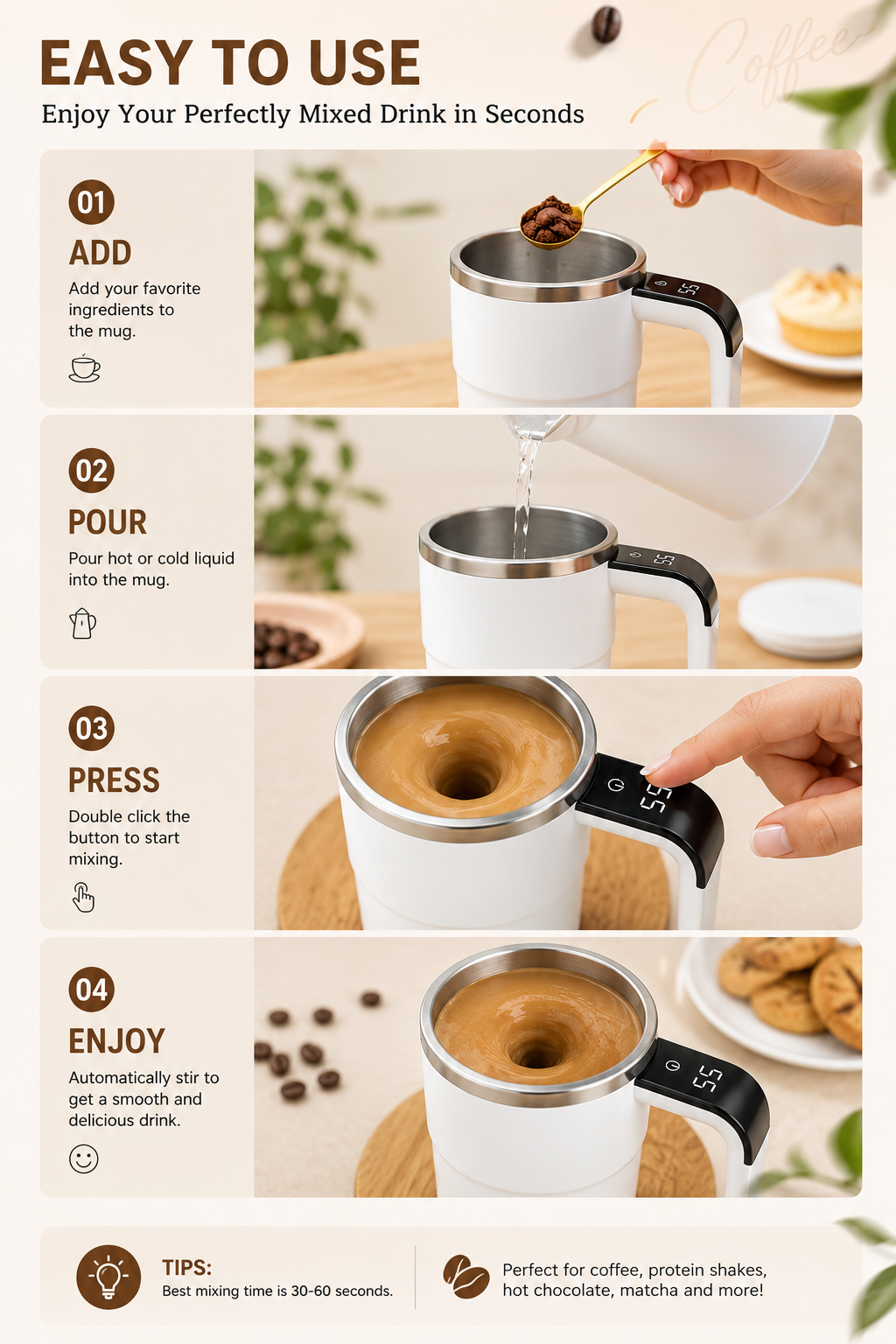 Electric Self Stirring Mug for Office & Coffee Lovers, 380ml Automatic Mixing Cup with Type-C Charging & LCD Display, Portable Hands-Free Travel Coffee Mug, White & Black