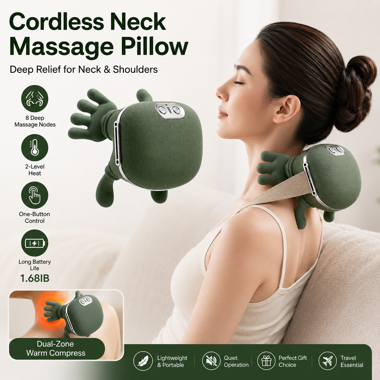 Neck and Shoulder Massager with Heat, Deep Kneading Trapezius Massager, 42℃ & 45℃ Hot Compress, Wireless Rechargeable Wearable Back Massager with Flexible Silicone Nodes Green