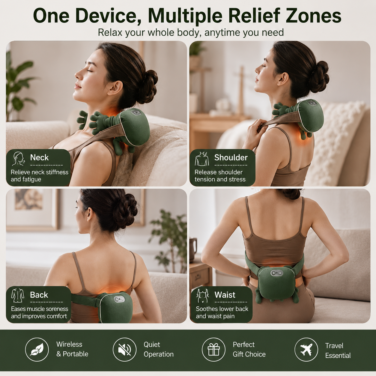 Neck and Shoulder Massager with Heat, Deep Kneading Trapezius Massager, 42℃ & 45℃ Hot Compress, Wireless Rechargeable Wearable Back Massager with Flexible Silicone Nodes Green