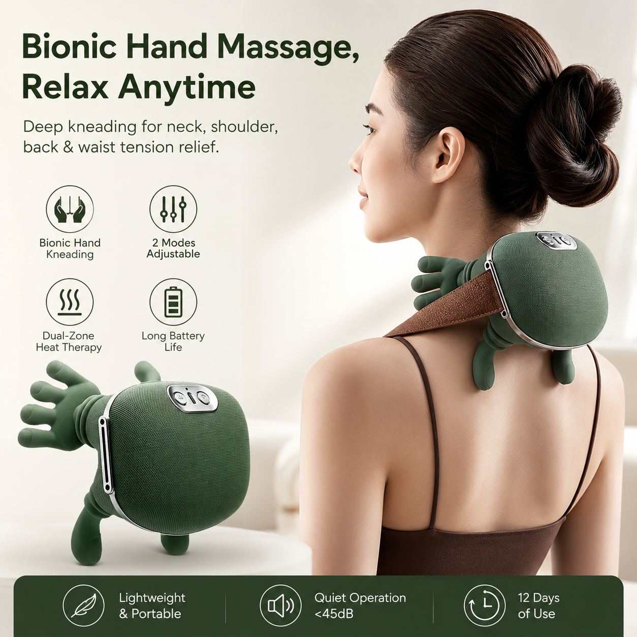 Neck and Shoulder Massager with Heat, Deep Kneading Trapezius Massager, 42℃ & 45℃ Hot Compress, Wireless Rechargeable Wearable Back Massager with Flexible Silicone Nodes Green