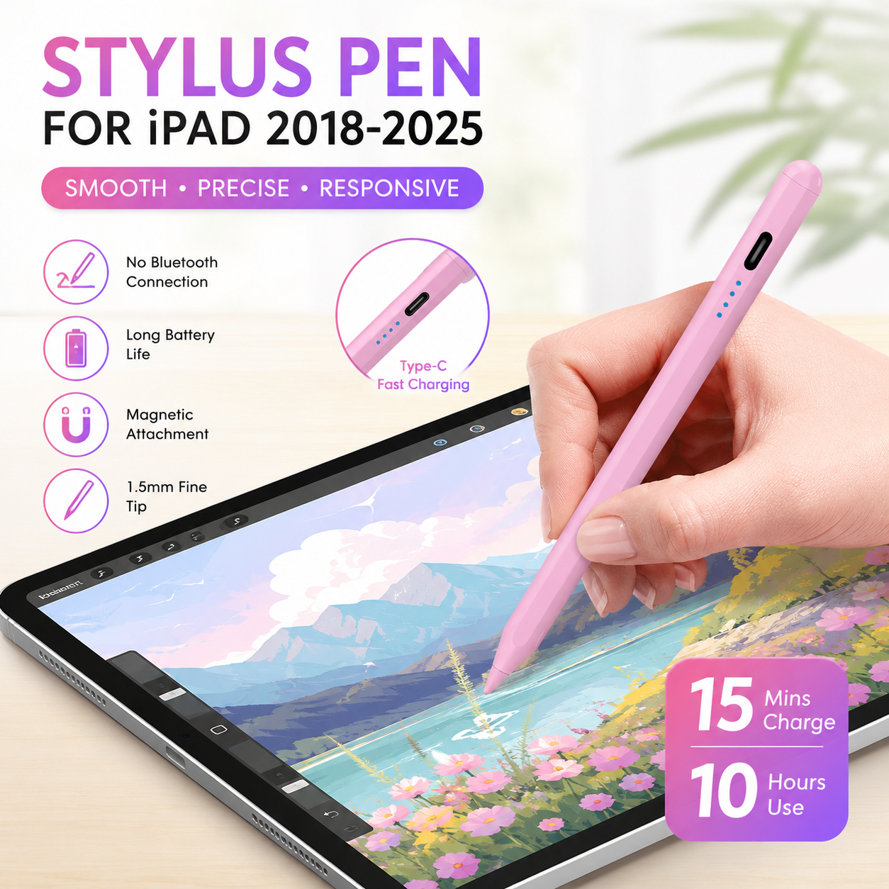 Stylus Pen for iPad 2018-2026 with Magnetic Attachment, USB-C Rechargeable Digital Pencil, 120mAh Battery, 8H Working Time, 3 Replacement Tips, White