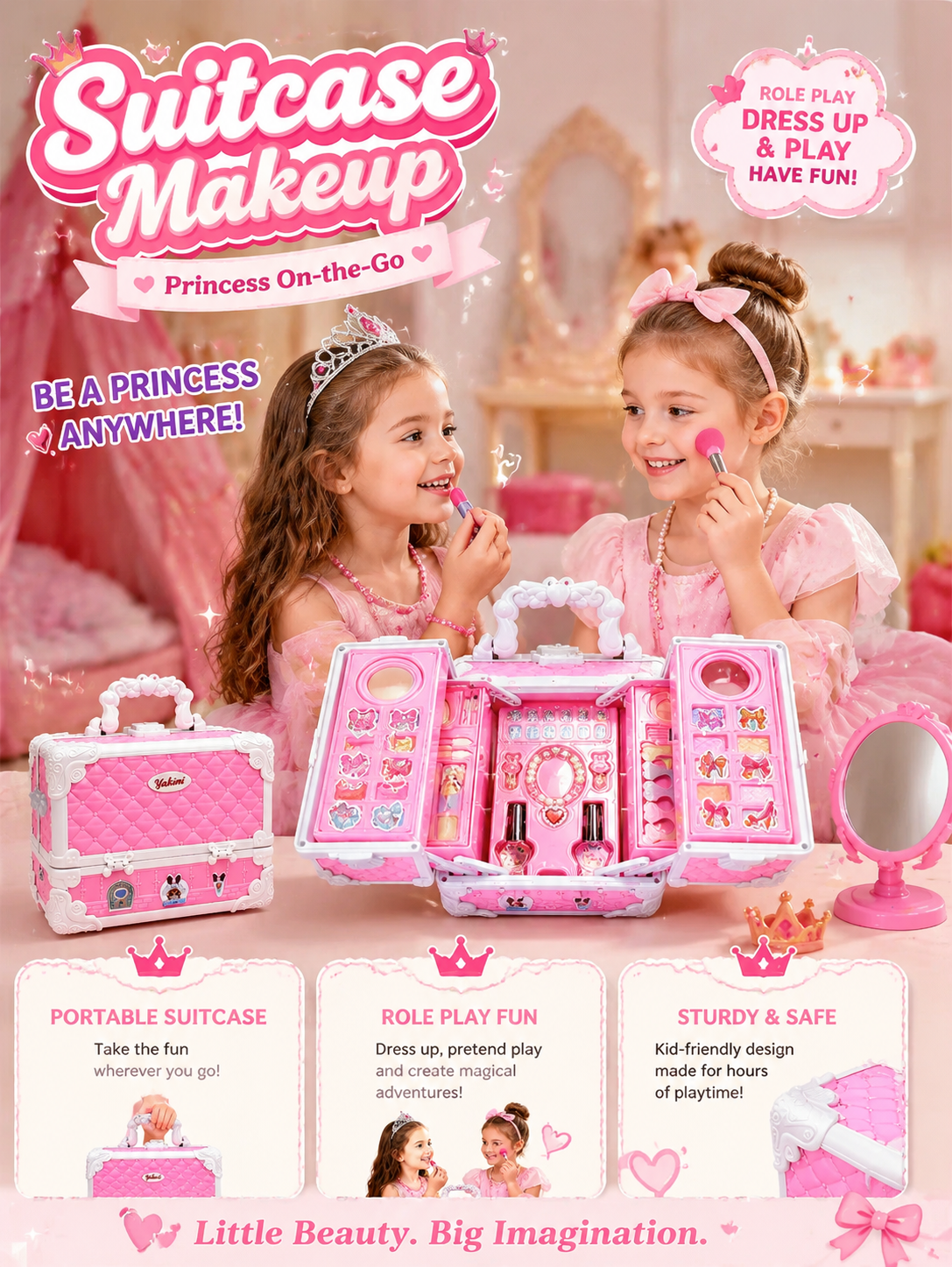 Kids Pretend Play Makeup Set with Mirror, 24 Color Tablets, Play Bottles & Role-Play Accessories, Foldable Carry Case, Pink