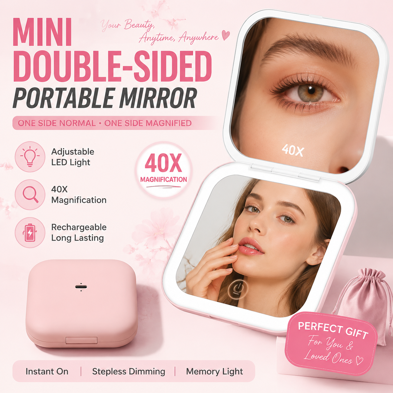 LED Pocket Mirror with Light, Square Double Sided Compact Mirror, 1X True View & 1X Magnifying Mirror, USB-C Rechargeable 250mAh, Stepless Dimming, Pink