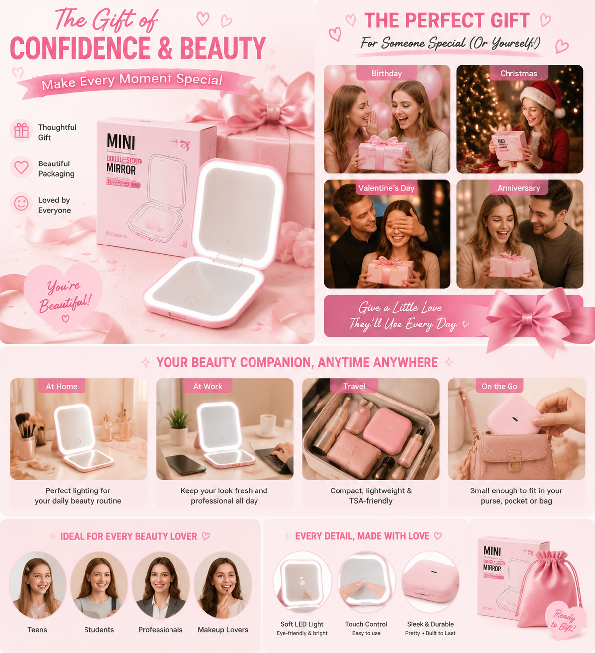 LED Pocket Mirror with Light, Square Double Sided Compact Mirror, 1X True View & 1X Magnifying Mirror, USB-C Rechargeable 250mAh, Stepless Dimming, Pink
