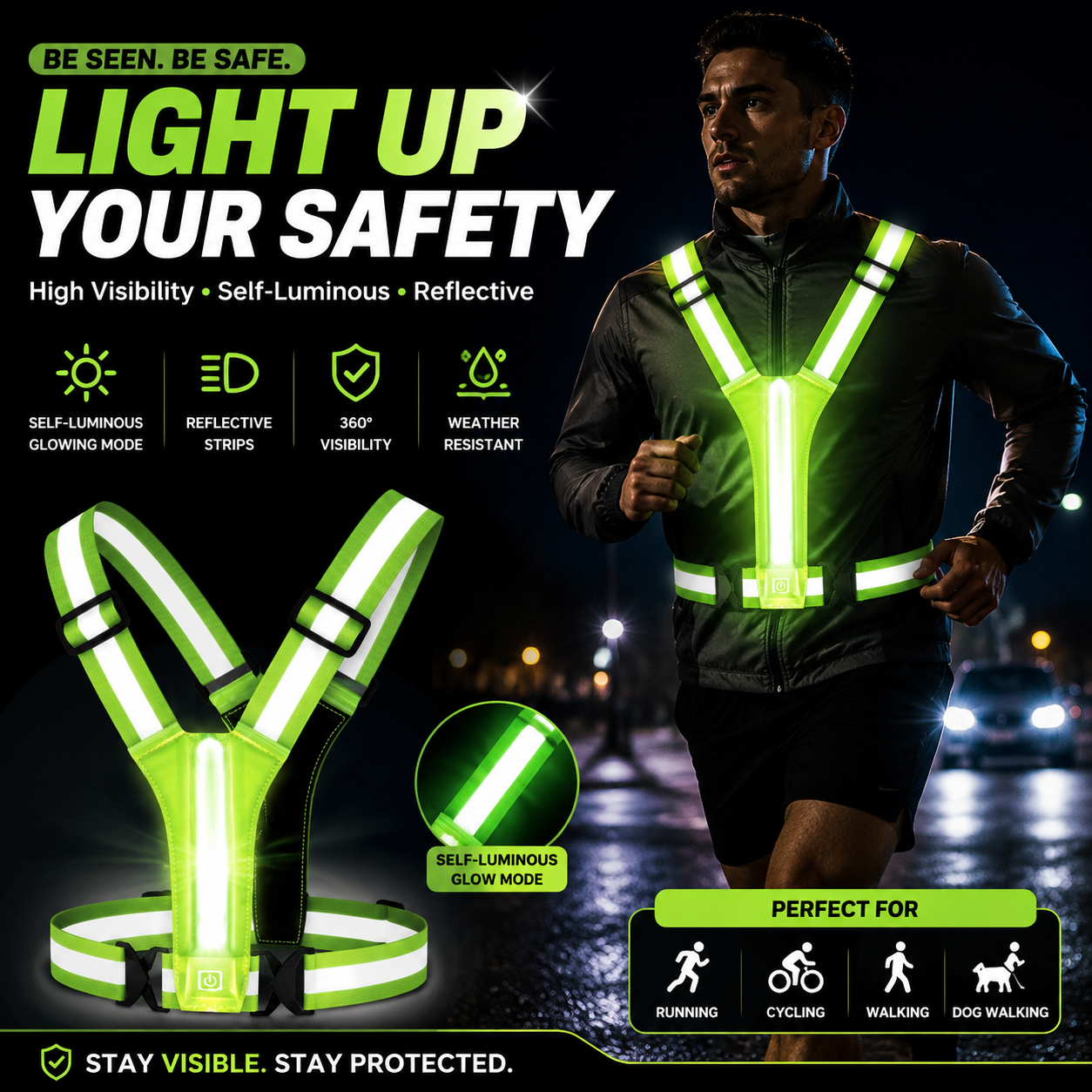 USB Rechargeable LED Glow Reflective Vest, Waterproof High Brightness Light Vest, 10-12H Long Battery Adjustable Illuminated Vest for Night Running Biking Dog Walking, Adults & Kids