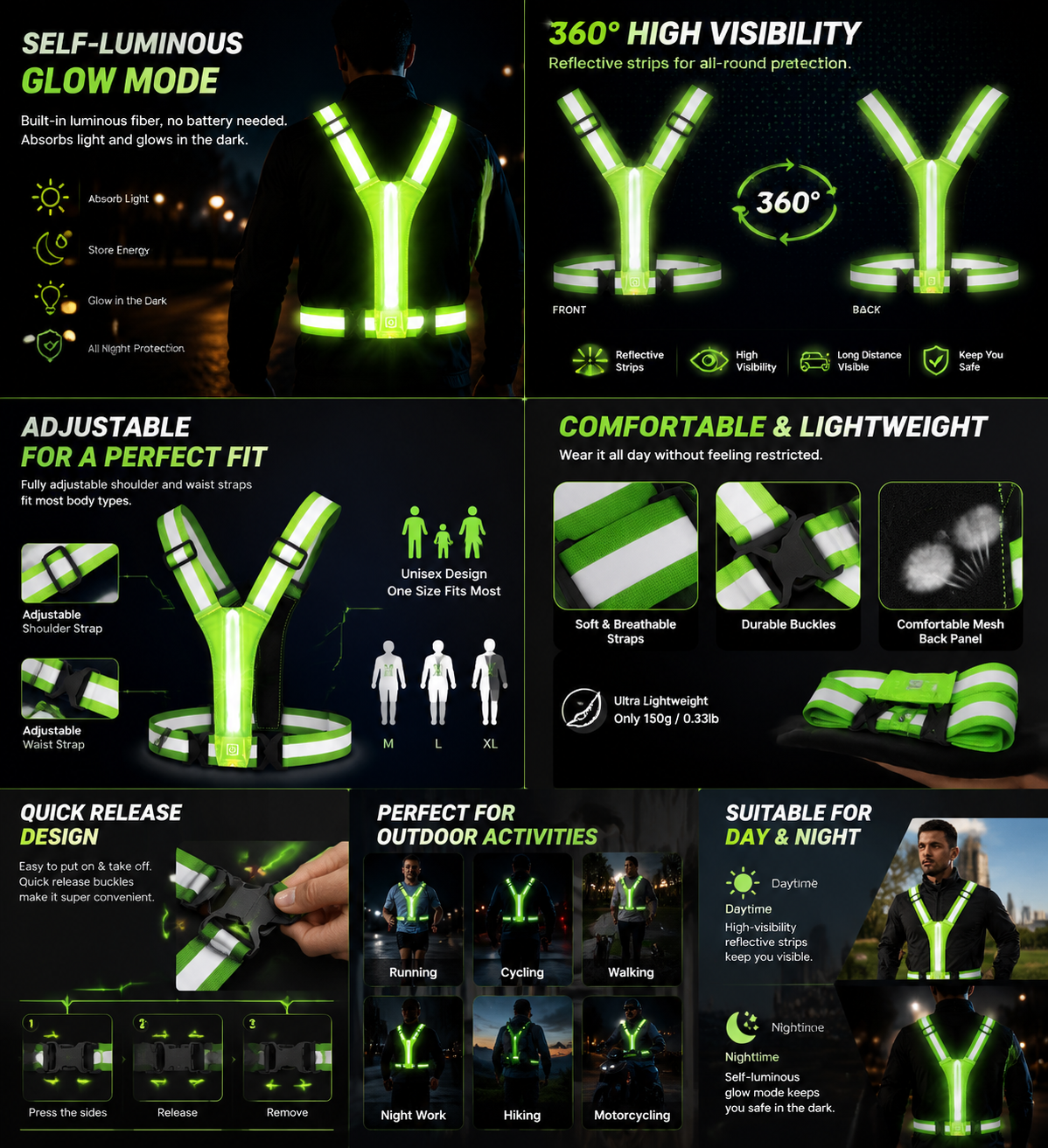 USB Rechargeable LED Glow Reflective Vest, Waterproof High Brightness Light Vest, 10-12H Long Battery Adjustable Illuminated Vest for Night Running Biking Dog Walking, Adults & Kids