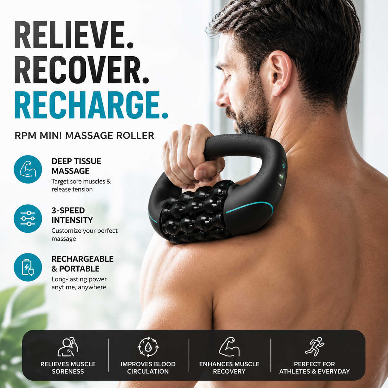 Rechargeable Rolling Percussive Massager, 3-Speed Deep Tissue Massage Gun with Hands-Free Base, Full Body Muscle Relief Massager