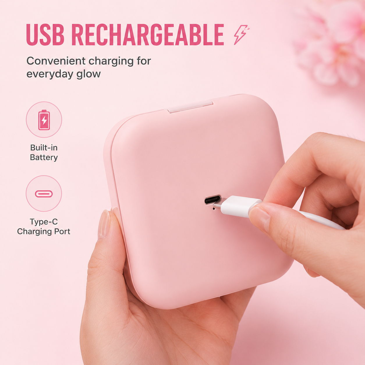LED Pocket Mirror with Light, Square Double Sided Compact Mirror, 1X True View & 1X Magnifying Mirror, USB-C Rechargeable 250mAh, Stepless Dimming, Pink