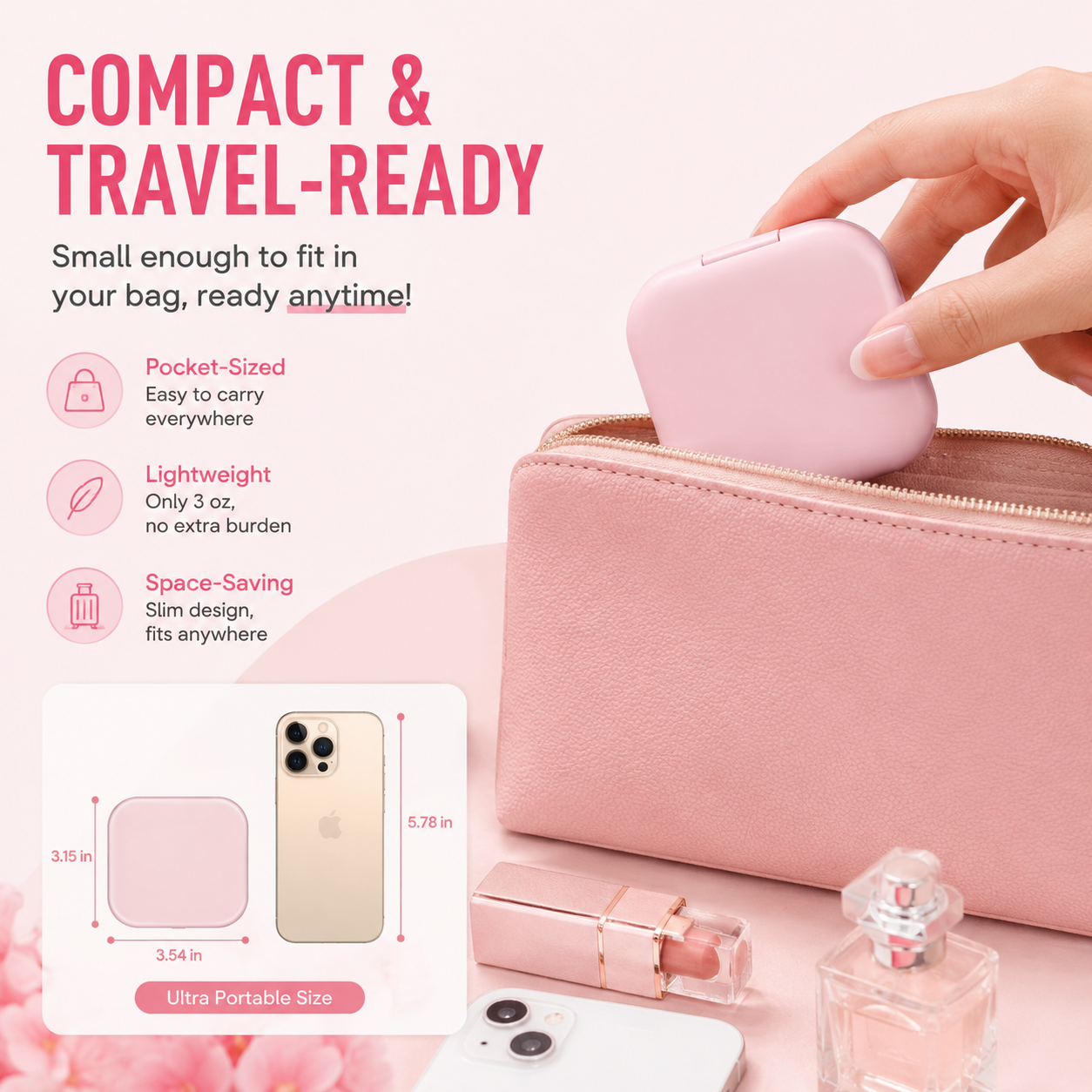 LED Pocket Mirror with Light, Square Double Sided Compact Mirror, 1X True View & 1X Magnifying Mirror, USB-C Rechargeable 250mAh, Stepless Dimming, Pink