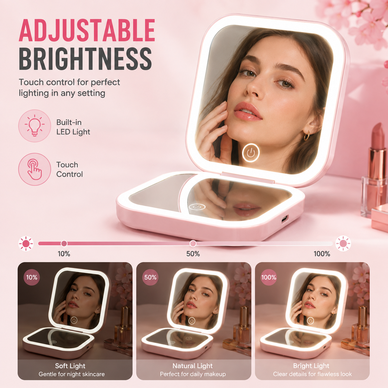 LED Pocket Mirror with Light, Square Double Sided Compact Mirror, 1X True View & 1X Magnifying Mirror, USB-C Rechargeable 250mAh, Stepless Dimming, Pink