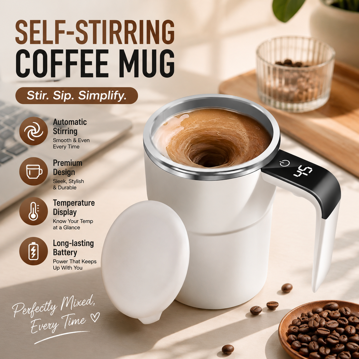 Electric Self Stirring Mug for Office & Coffee Lovers, 380ml Automatic Mixing Cup with Type-C Charging & LCD Display, Portable Hands-Free Travel Coffee Mug, White & Black