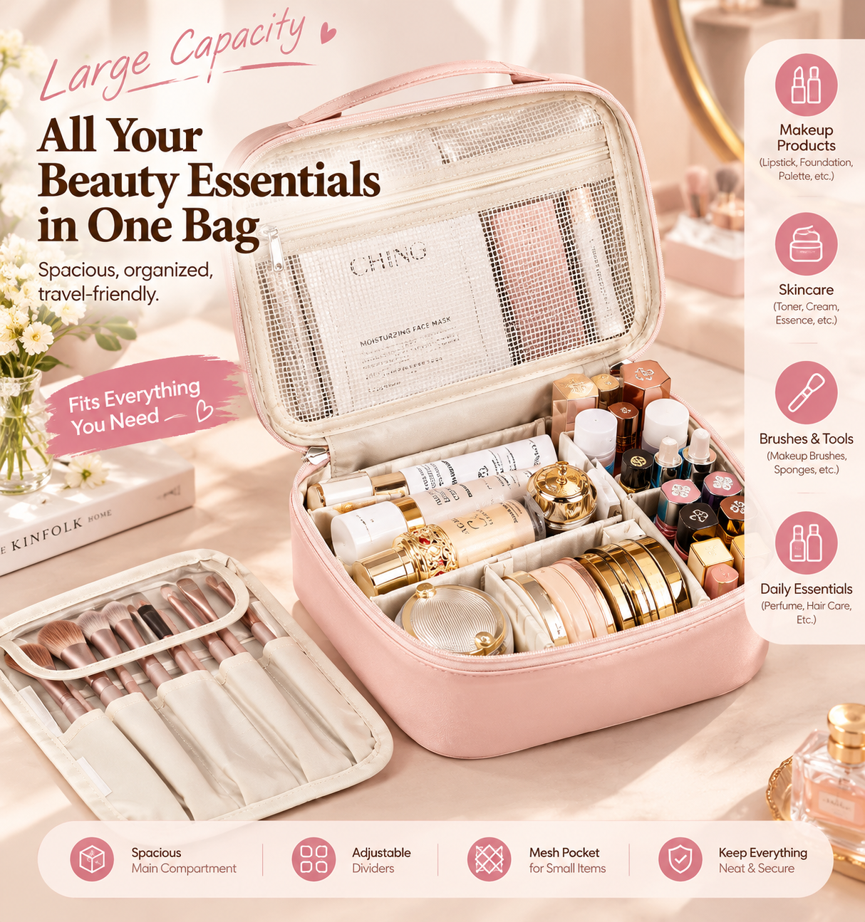 Portable Makeup Case with Detachable Brush Holder, PU Leather Travel Cosmetic Organizer with Mesh Pocket & Dividers, Top Handle Beauty Storage Bag