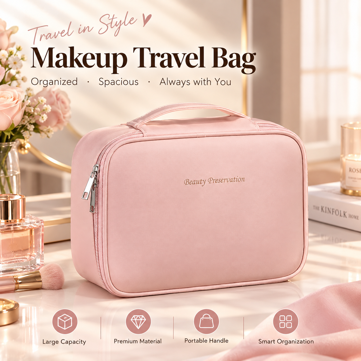 Portable Makeup Case with Detachable Brush Holder, PU Leather Travel Cosmetic Organizer with Mesh Pocket & Dividers, Top Handle Beauty Storage Bag