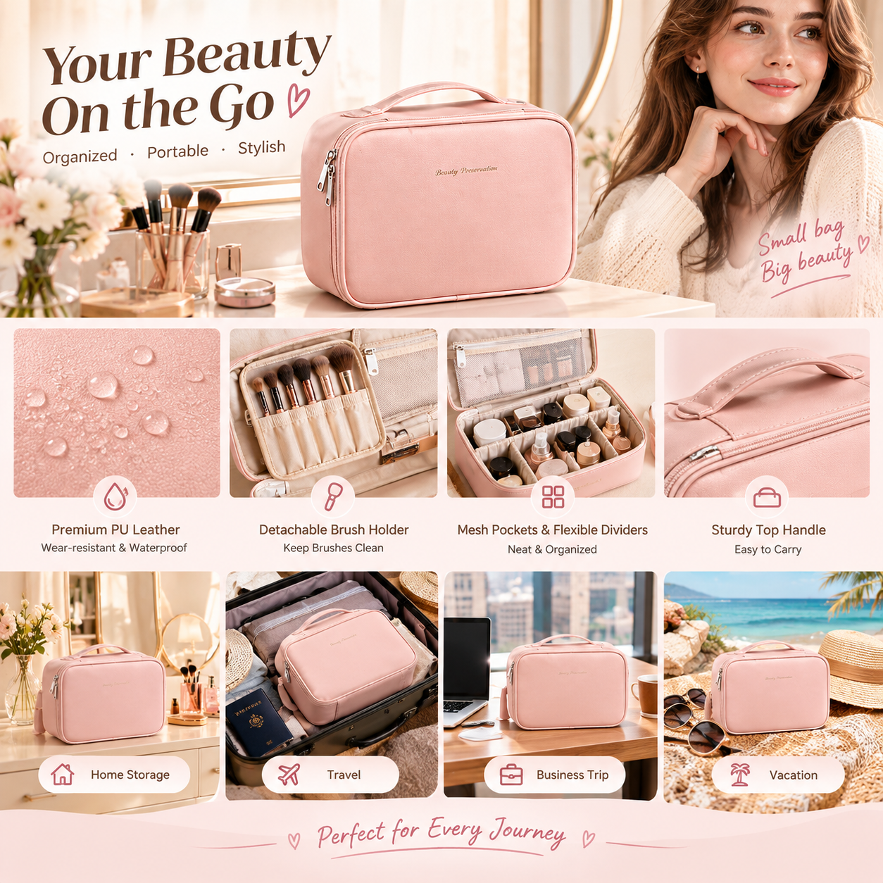 Portable Makeup Case with Detachable Brush Holder, PU Leather Travel Cosmetic Organizer with Mesh Pocket & Dividers, Top Handle Beauty Storage Bag