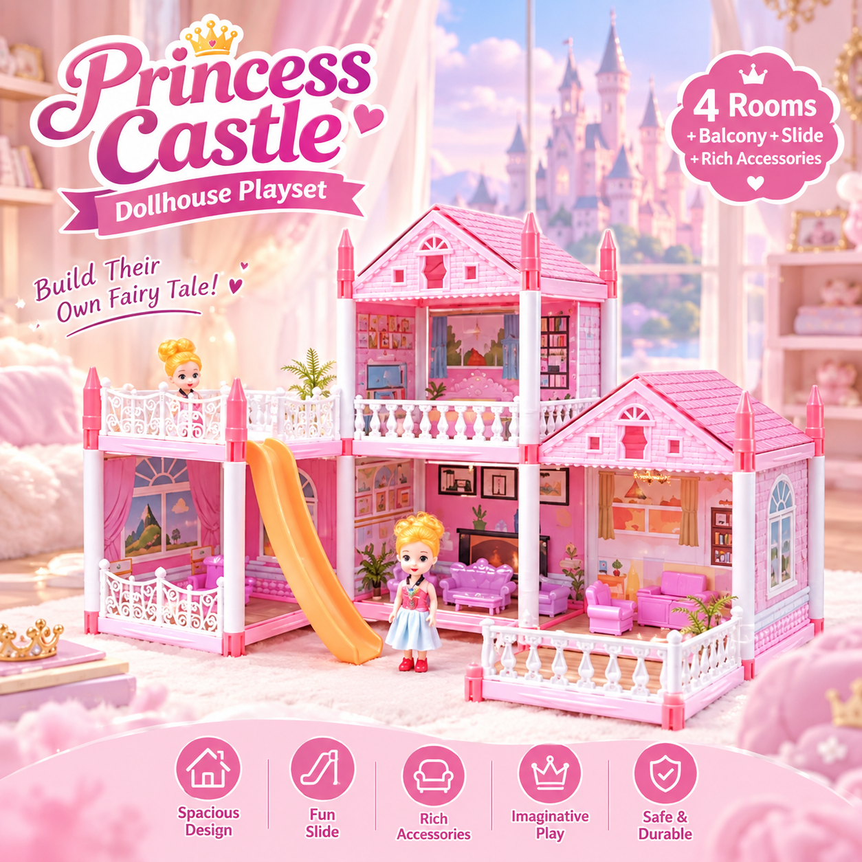Children's Day Best Gift, DIY Dream Castle Dollhouse, 3D Assembly Villa with LED Lights, Princess Pretend Play Toy, Perfect Birthday Gift for Girls