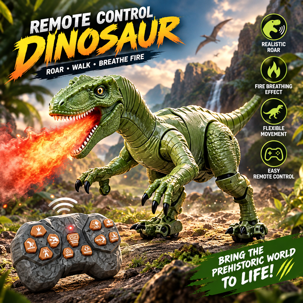 2.4GHz Remote Control Dinosaur Toy with Realistic Walking, Roaring, LED Lights, Laser Tracking & Spray, Interactive Electric Dinosaur with Demo Mode, Jurassic Christmas Gift for Kids Ages 3+