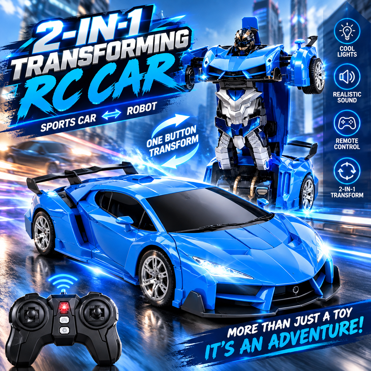 Remote Control Transforming Robot Car for Boys & Girls, 2.4GHz RC Sports Car Toy with Auto Demo Mode, One Button Car to Robot Transformation, 360° Stunt Drift Toy, Blue