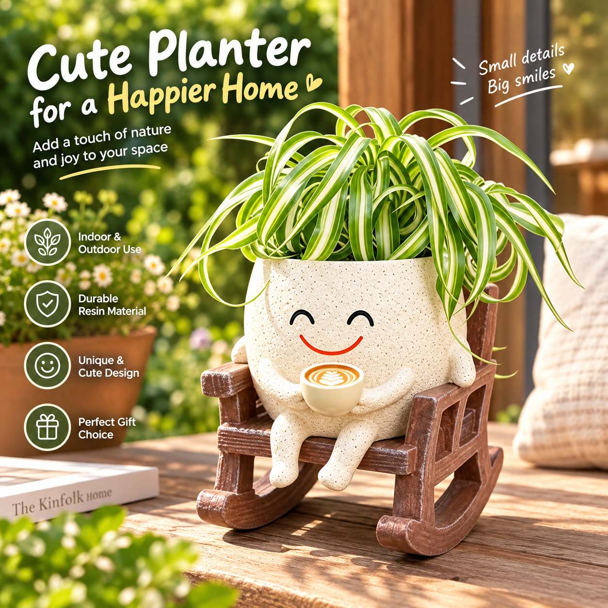 Cute Smile Face Planter Pot with Rocking Chair, Coffee Cup Shaped Succulent Flower Pot, 11cm Desktop Decor Plant Holder for Indoor & Outdoor