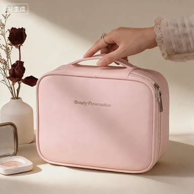 Portable Makeup Case with Detachable Brush Holder, PU Leather Travel Cosmetic Organizer with Mesh Pocket & Dividers, Top Handle Beauty Storage Bag