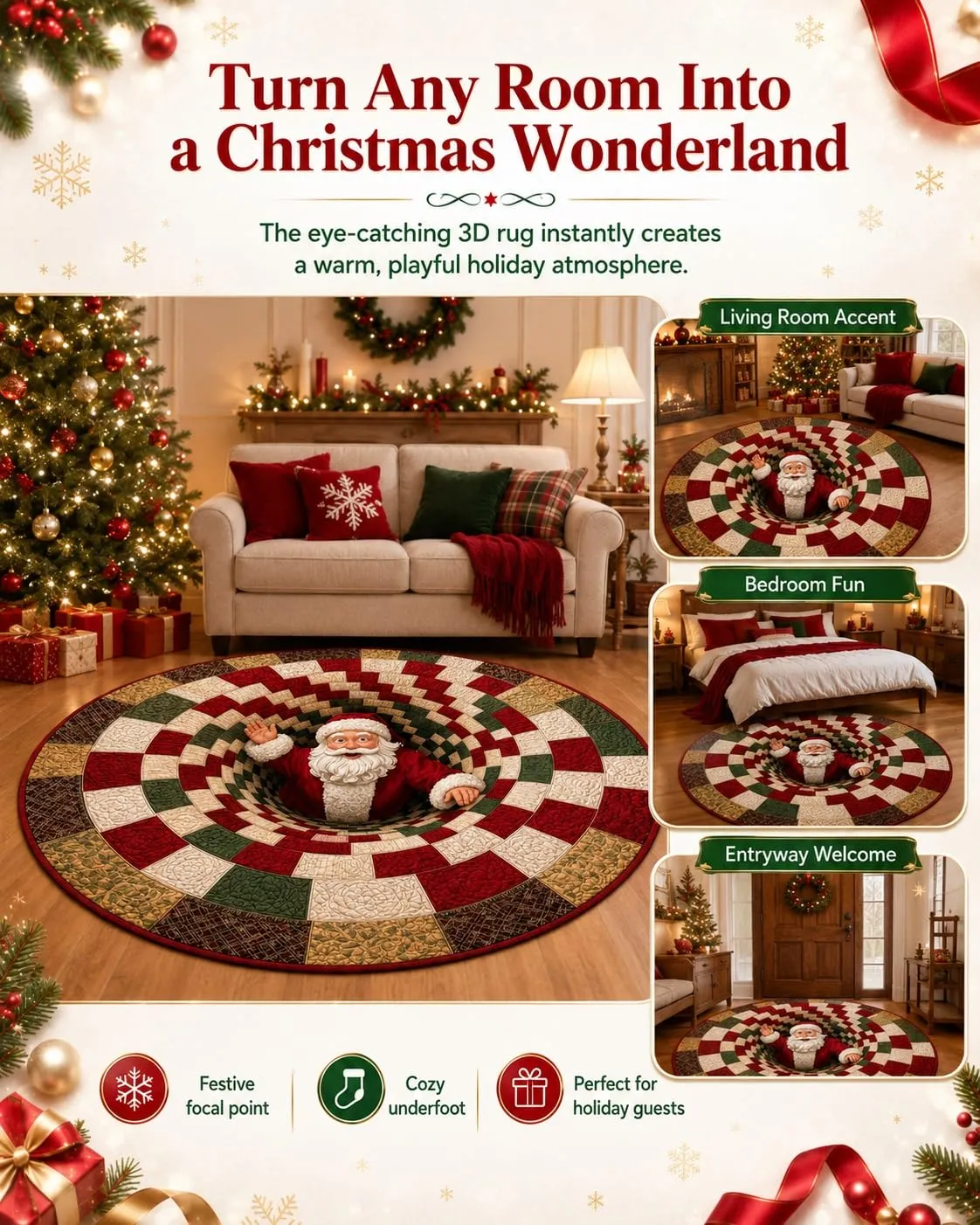 🎄Christmas Gnome Optical Illusion Round Rug | Fun Festive Home Decor Must‐Have⭐🏠🎁