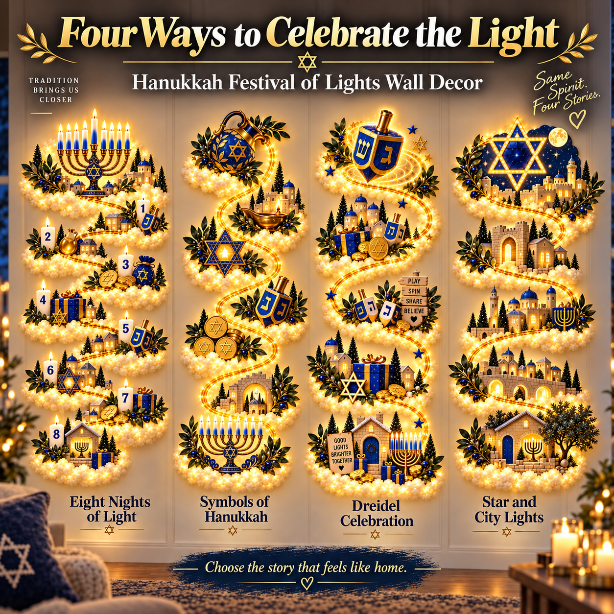 🔥🎁🕎 Hanukkah Festival of Lights Wall Decor Collection – 4 Glowing Designs Celebrating Eight Nights of Light ✨