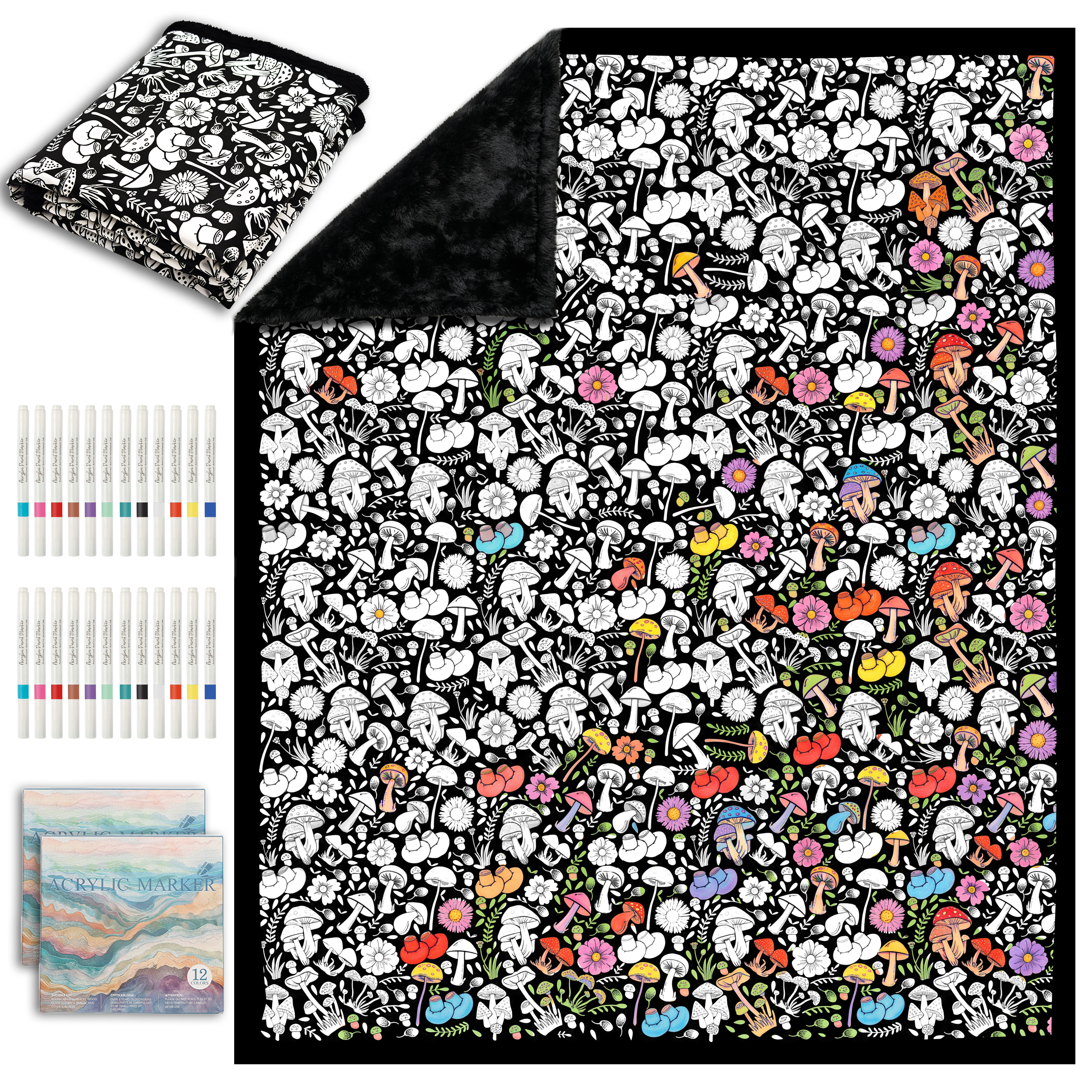 DIY Coloring Blanket for Kids & Adults with 24 Markers (Mushroom)